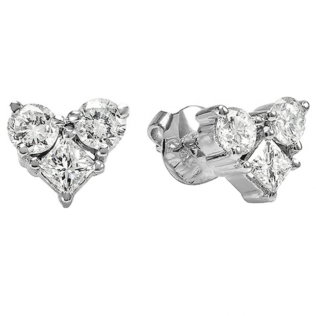 1.00 Carat (ctw) 14k White Gold Round & Princess White Diamond Heart Earrings